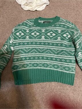American Eagle Outfitters Green & White Fair Isle Crew Sweater